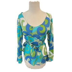 Skirtin Around 3/4 Sleeve Tie Waist Blouse Size 8 White Green Blue Paisley